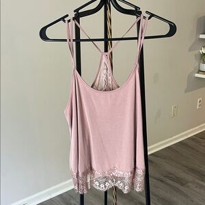Caution To The Wind Pink Lace Trim Tank Top
